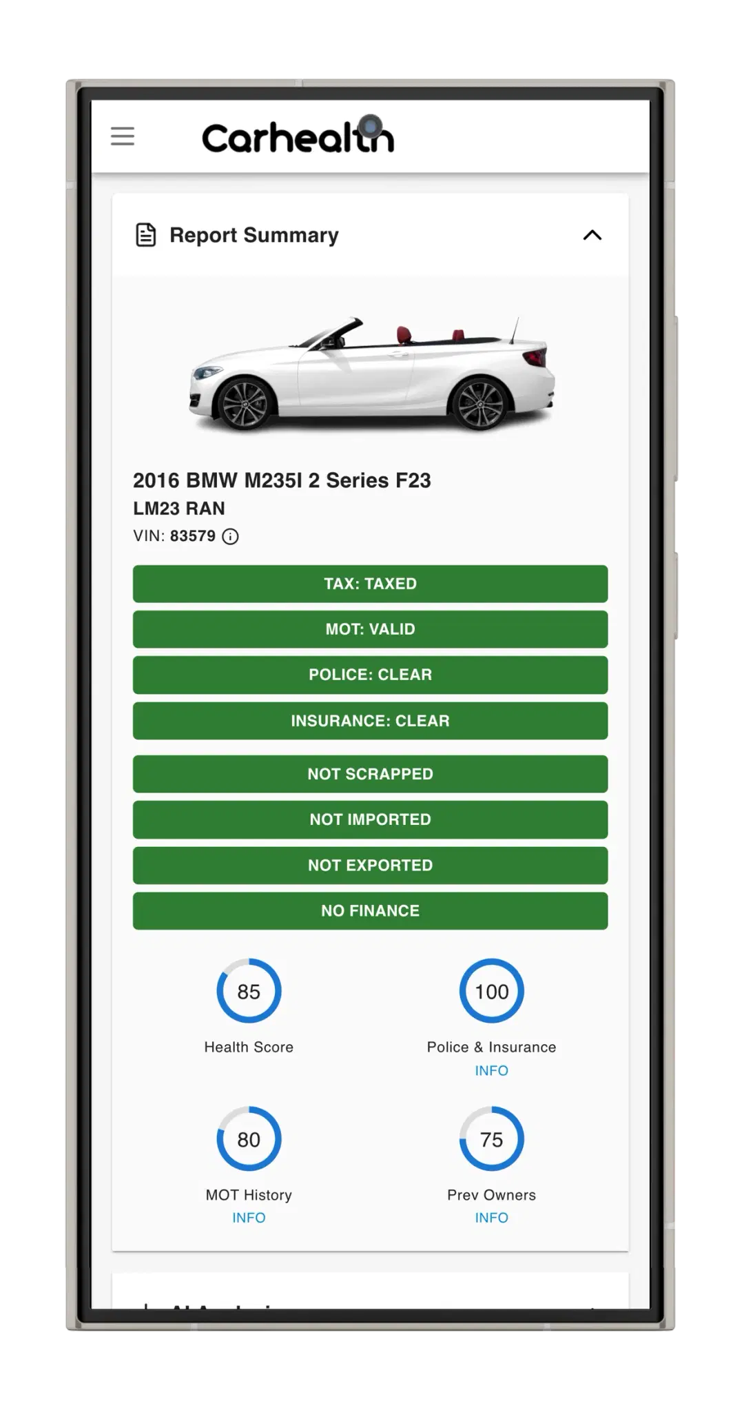 Carhealth vehicle history report — example dossier showing TAX, MOT, finance and write-off checks for a 2016 BMW M235i