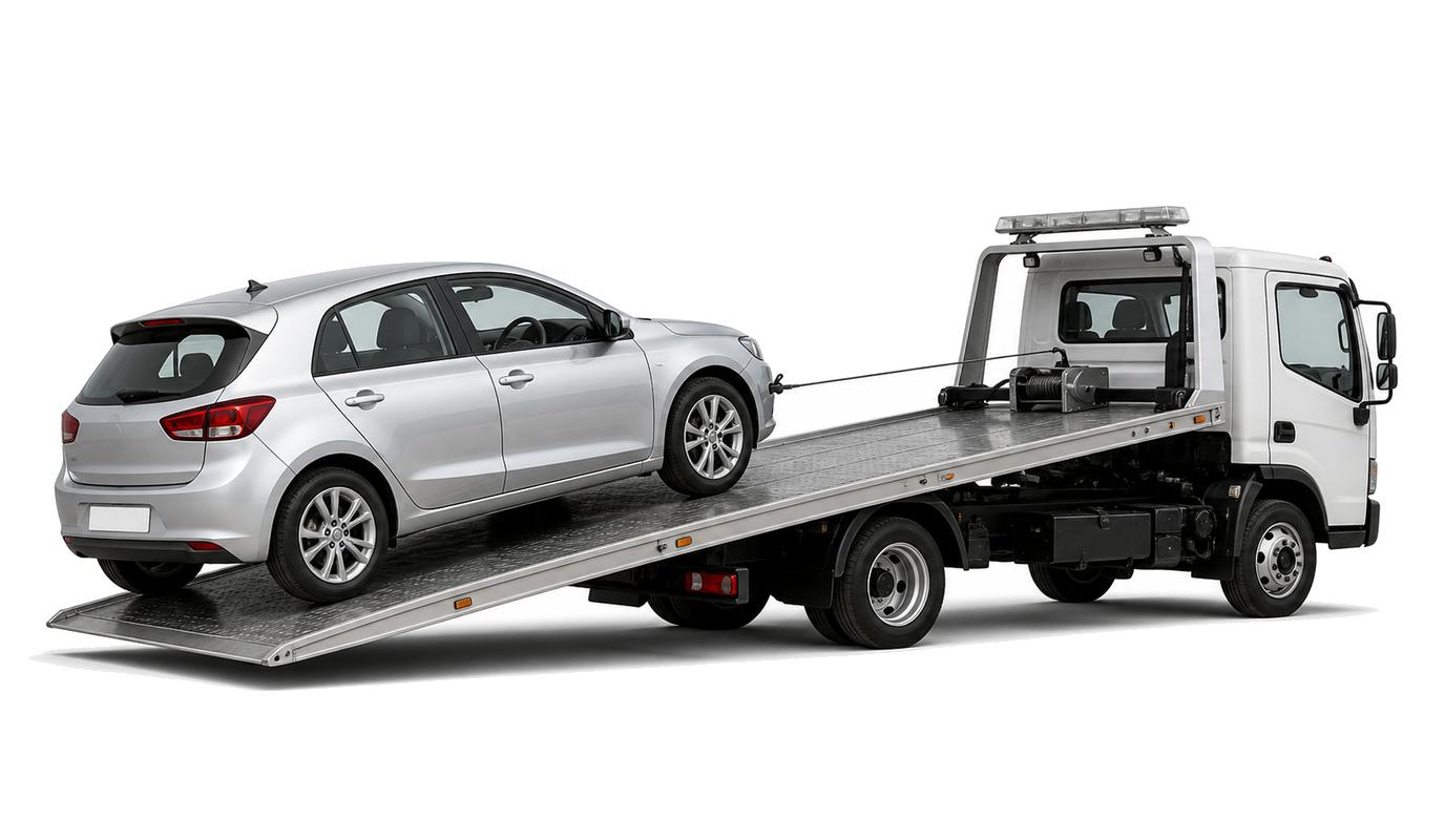 Car being recovered onto the back of a flatbed tow truck