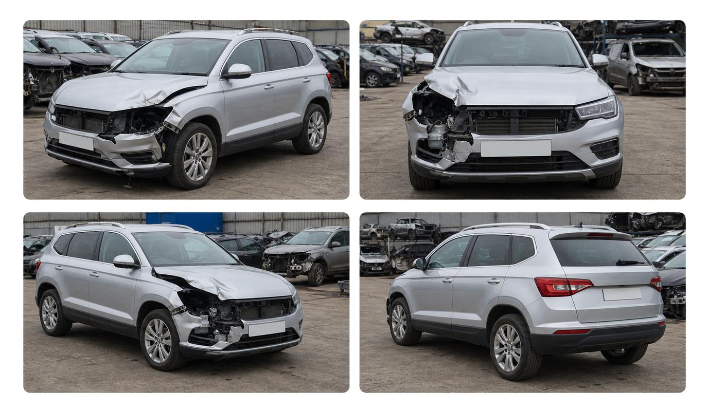 Four salvage auction photographs of a damaged car
