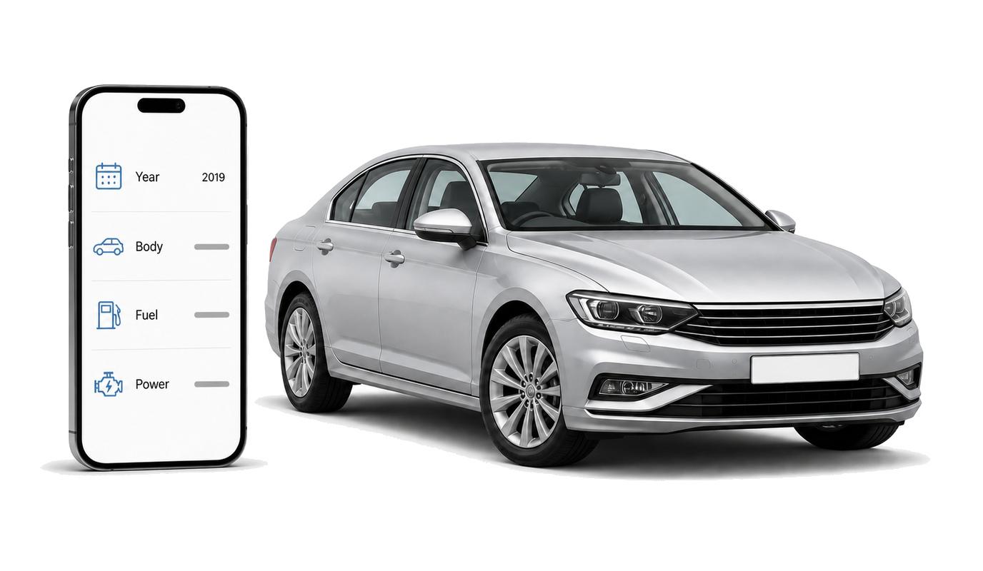 Phone displaying a vehicle specification sheet beside a car