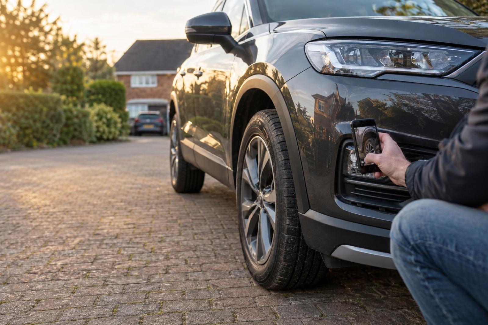 A buyer crouching by the front wheel of a dark grey SUV on a driveway, photographing it with a phone