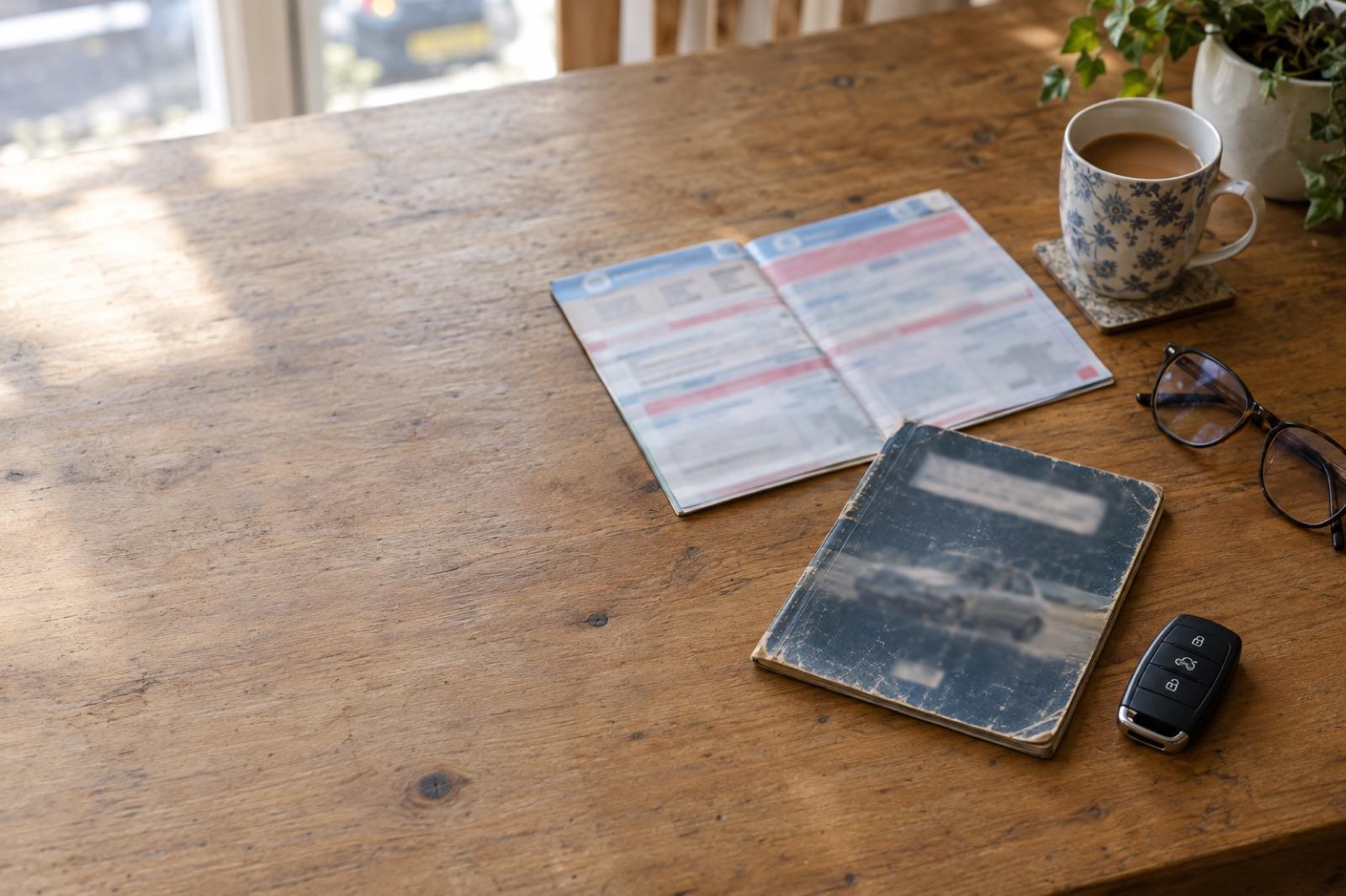 Vehicle paperwork, a service book and a car key on a kitchen table beside a cup of tea