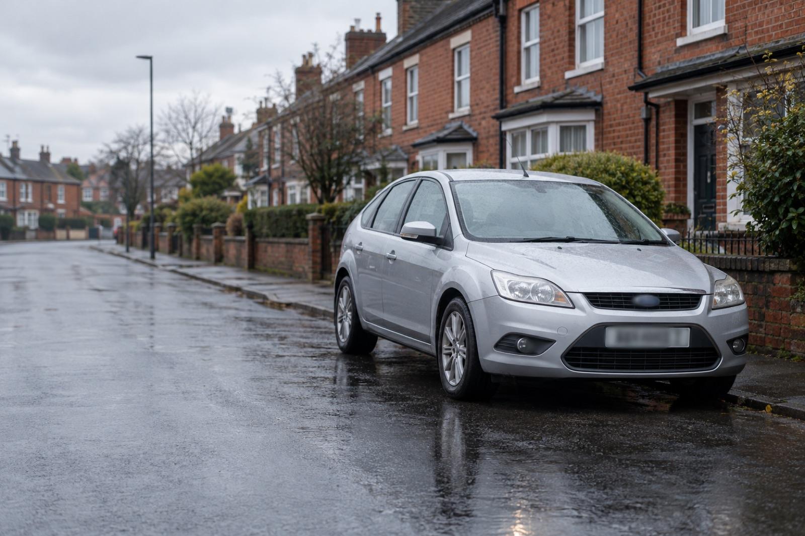 A silver hatchback parked on a wet street of red brick terraced houses