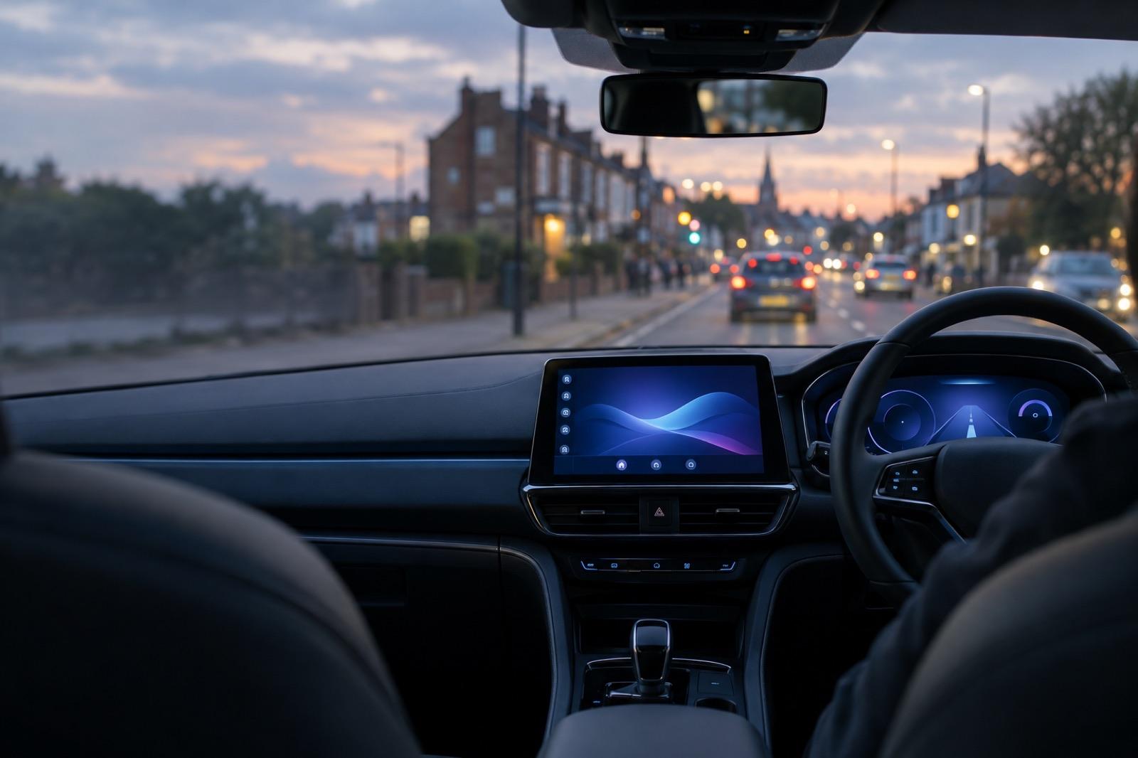 Dashboard and centre screen of a right-hand drive car at dusk on a town street