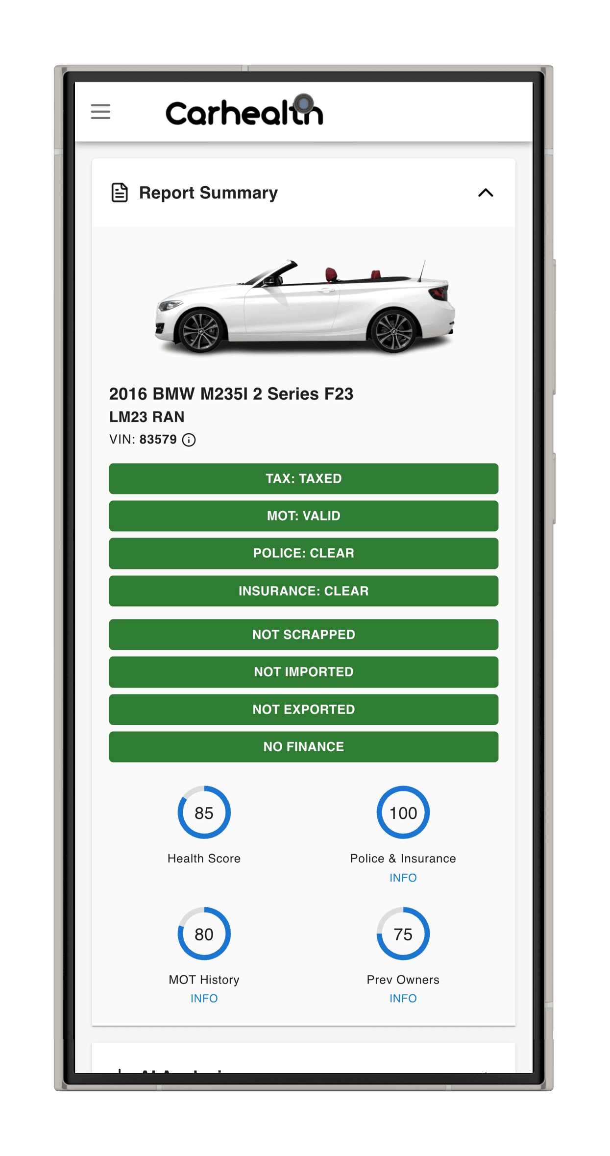 Vehicle history report overview mockup showing key vehicle details, registration information, and quick summary of checks