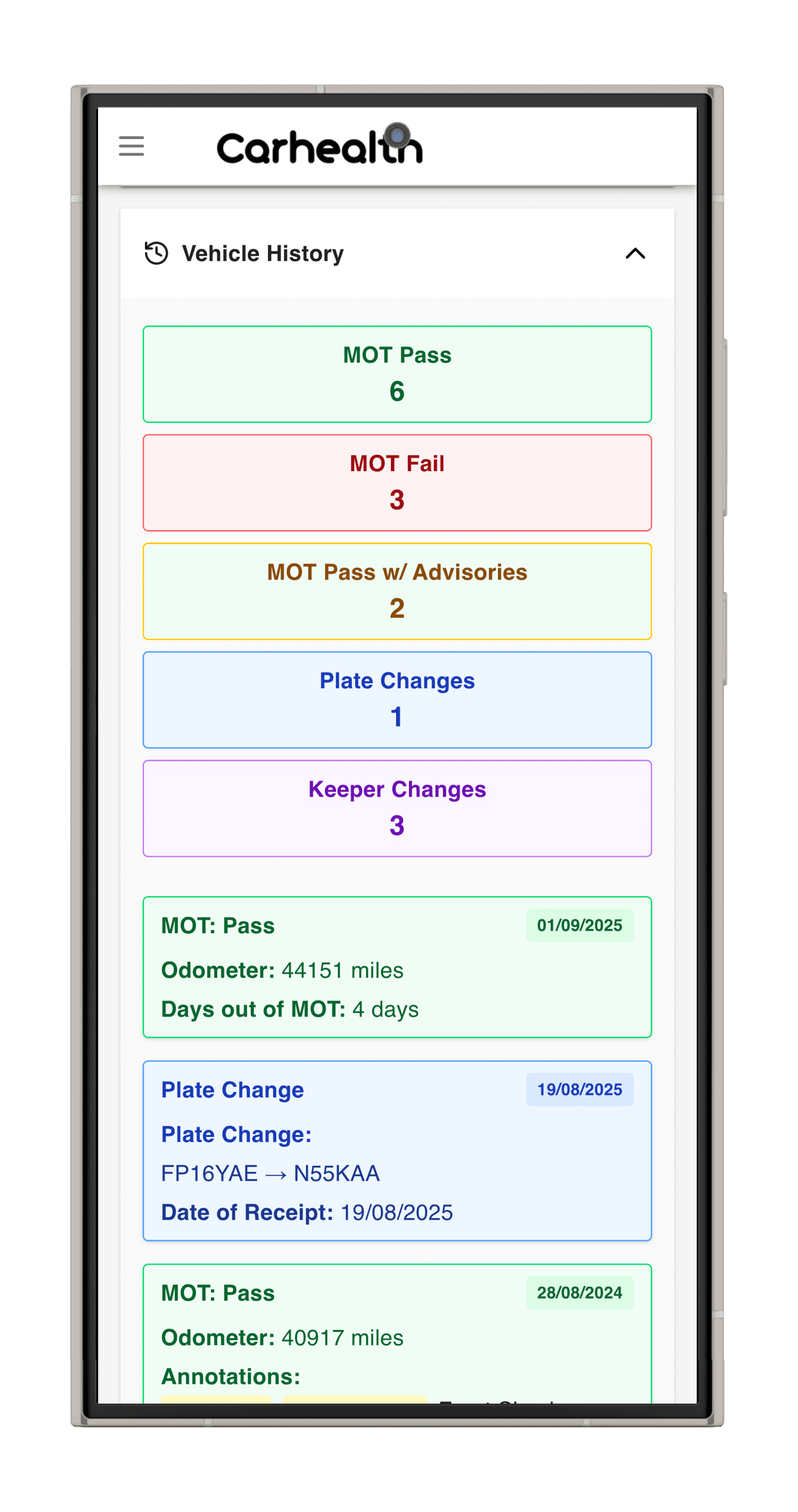 Vehicle history check mockup displaying MOT records, theft status, outstanding finance, and insurance write-off information